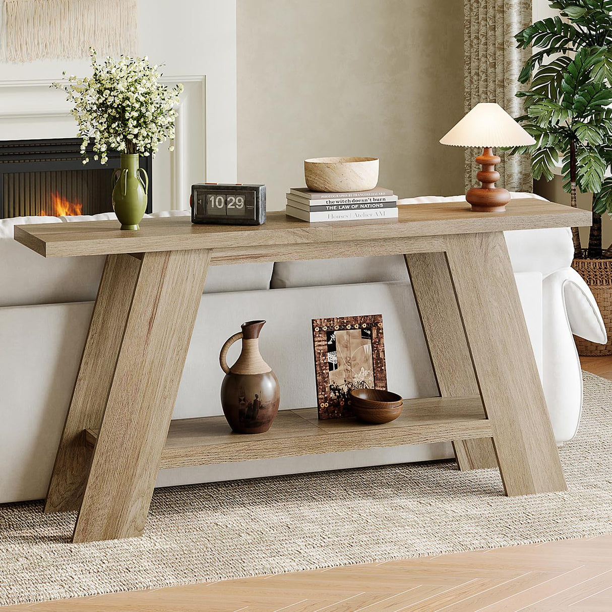 Treocho 63 Inch Long Farmhouse Console Tables for Entryway, 2-Tier Modern Wood Sofa Table with Shelf Behind Couch, Contemporary Narrow Entryway Table for Living Room, Hallway, Entrance, Walnut Treocho