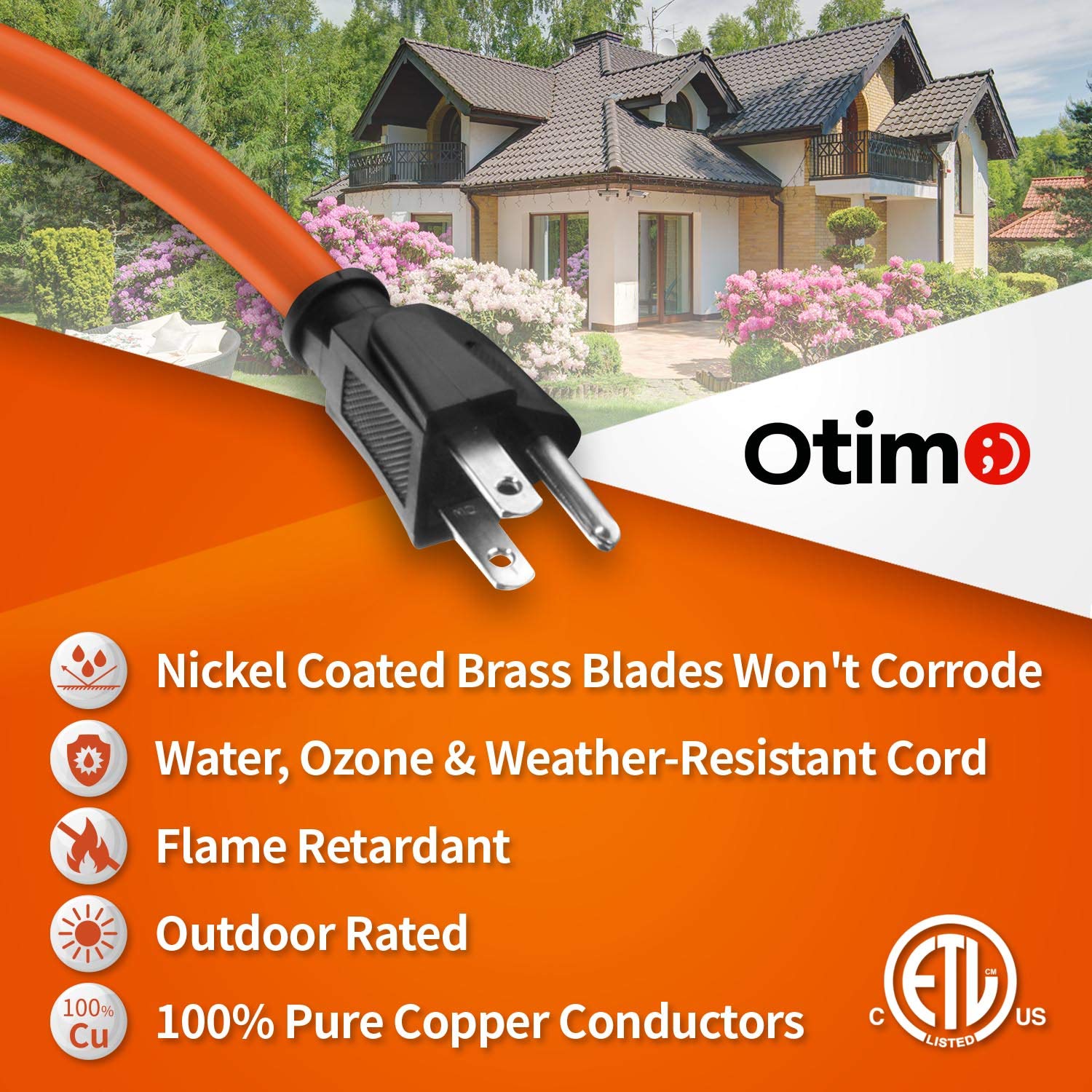 Otimo 100 Ft 16/3 SJTW Orange, Outdoor Extension Cord - 3 Prong Ground Plug, 10A 1250W, Water & Weather Resistant, Flame Retardant - WoodArtSupply