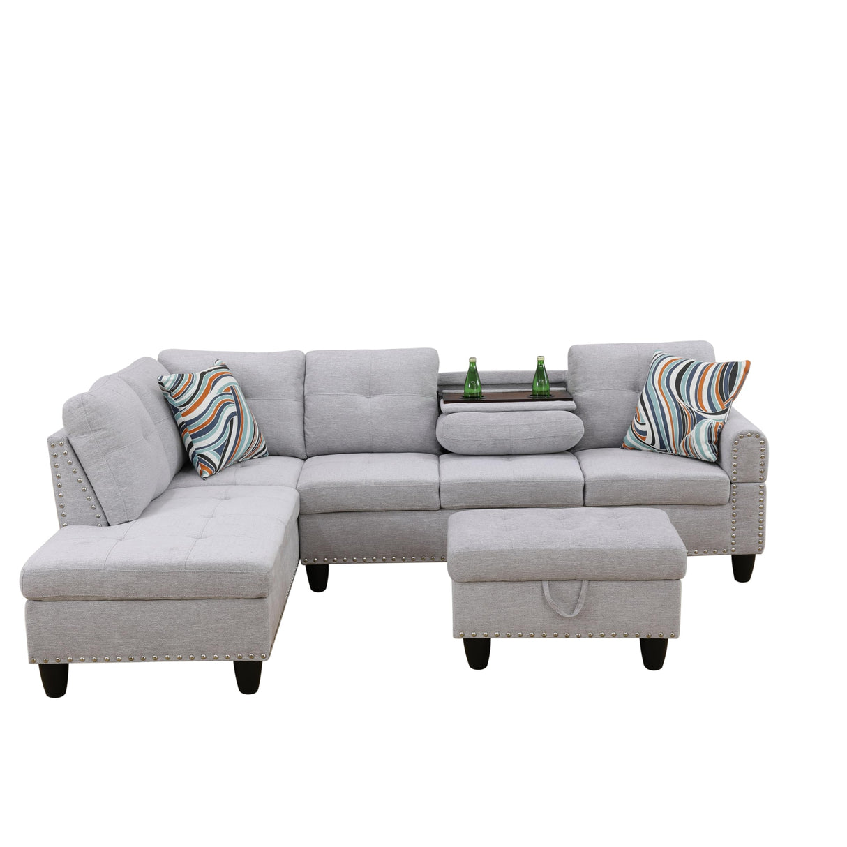 HFYee L Shaped Couch Sectional Couch Morden Sofas for Living Room Upholstered Futon Sofa Bed with Storage Ottoman and Cup Holders for Reception Room and Apartment, Grey White HFYee