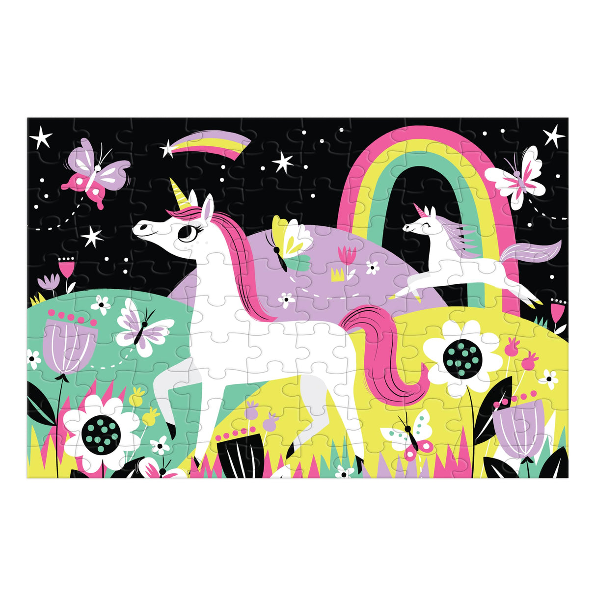 Mudpuppy Unicorns – 100 Piece Glow In The Dark Jigsaw Puzzle with a Wondrous Scene of Magical Unicorns and Hidden Hillside Details in the Dark Mudpuppy