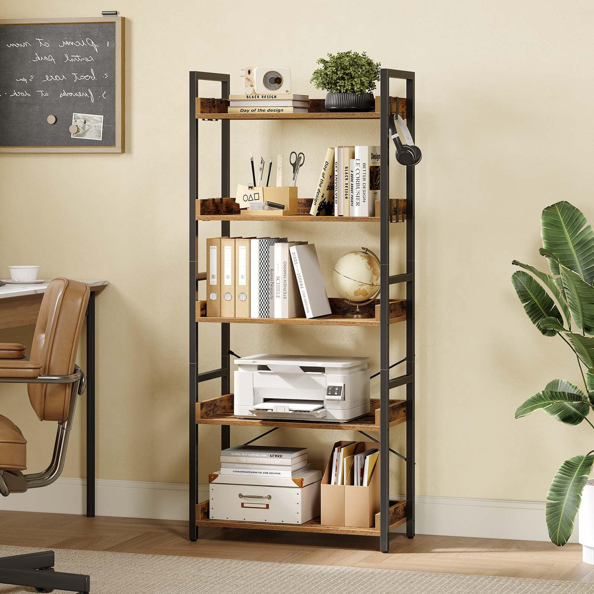 Rolanstar Bookshelf 5 Tier with 4 Hooks, Industrial Wood Bookcase, Vintage Storage Rack with Open Shelves, Rustic Standing Bookshelves Display Rack for Living Room, Bedroom, Rustic Brown Rolanstar