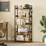 Rolanstar Bookshelf 5 Tier with 4 Hooks, Industrial Wood Bookcase, Vintage Storage Rack with Open Shelves, Rustic Standing Bookshelves Display Rack for Living Room, Bedroom, Rustic Brown Rolanstar