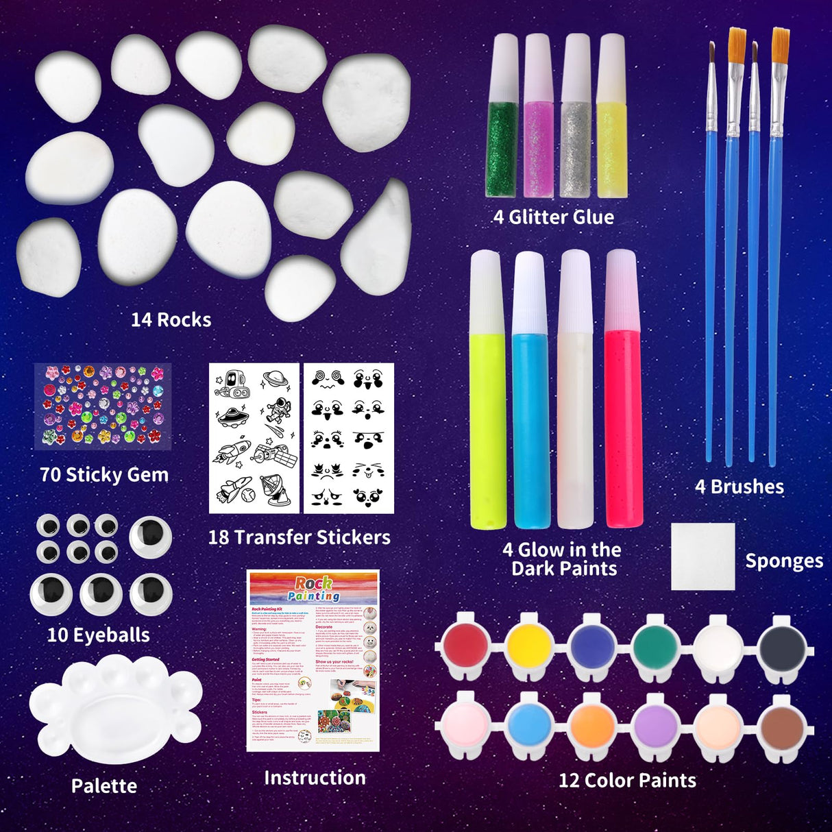 MindPal Kids Rock Painting Kit, 14 Pebbles for Painting - Glow in The Dark Rock Kit - Arts and Crafts for Kids Ages 6-12, Birthday Christmas Gift for Boys and Girls MindPal