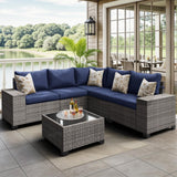 JOIVI Patio Furniture Set with Coffee Table - Flexible 6 Piece PE Wicker Rattan Outdoor Sofa Configuration, Enhanced Comfort with Additional Cushion Covers, Ideal for Family Game Nights, Blue JOIVI