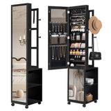 Hzuaneri 8 LEDs Jewelry Cabinet Armoire, 64.8-inch Jewelry Organizer with Garment Rack, Lockable Full-length Mirror with 4 Wheels, Storage Shelves with Hooks, 5-in-1, Black JC17004B Hzuaneri