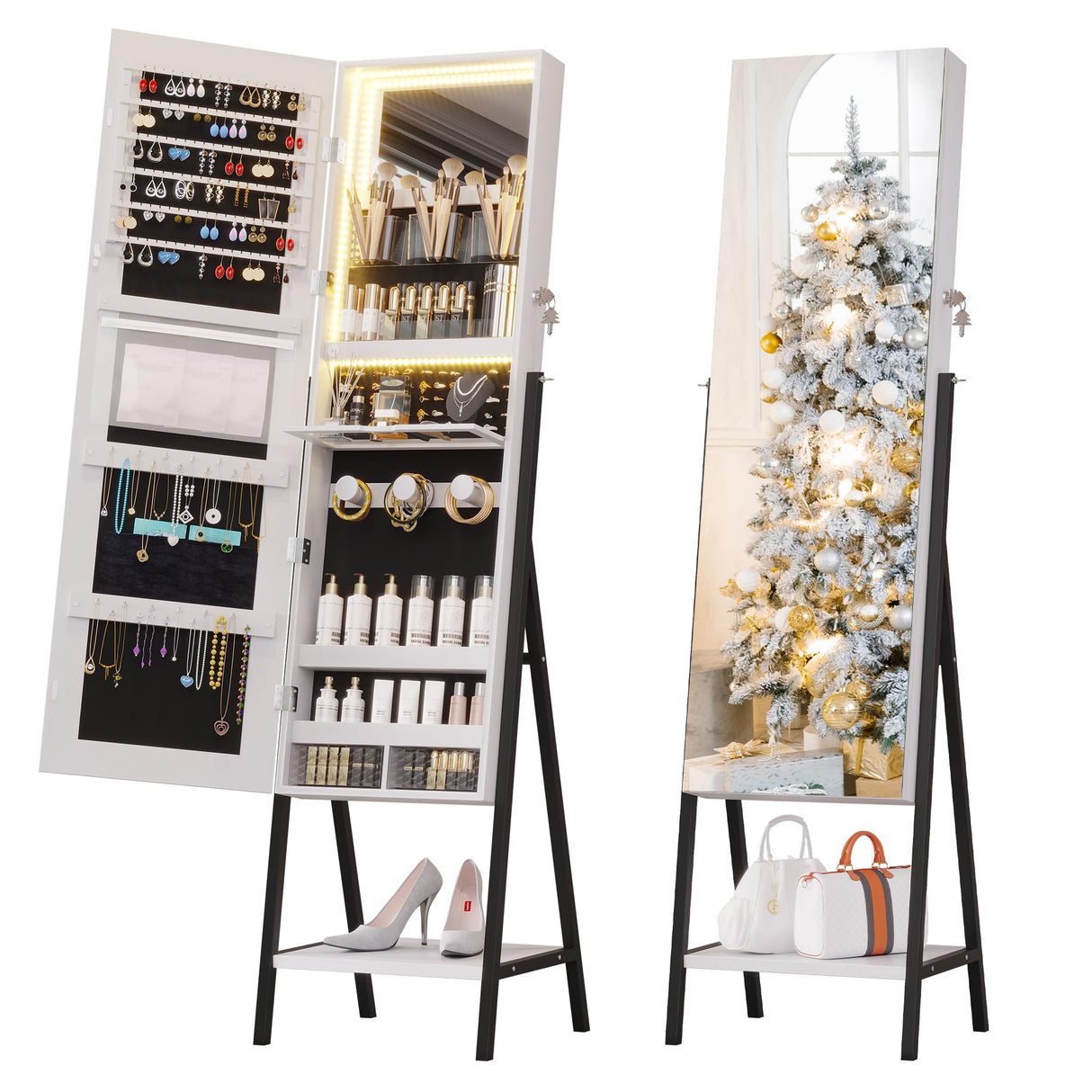 jajov 47.2" LED Jewelry Cabinet Armoire, Standing Mirror with Jewelry Storage, Jewelry Organizer Armoire with Full Length Mirror, Lockable Jewelry Mirror Cabinet (White) jajov