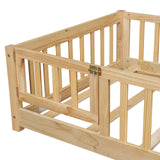 PVWIIK Montessori Twin Size Floor Bed Frame with Convertible Door,Wood Slats for Kids,Wood Montessori Bed w/Safety Guardrails for Girls & Boys,Natural PVWIIK