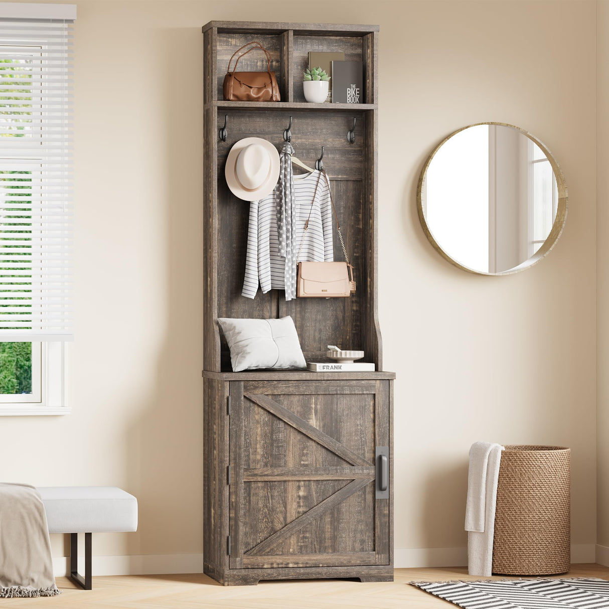 IDEALHOUSE Farmhouse Narrow Coat Rack with Shoe Storage, 23.6" Small Hall Tree with Bench, Entryway Coat Rack with 5 Hooks, 2 Cubbies & 1 Barn Door Cabinet for Entryway, Hallway, Mudroom, White/Brown IDEALHOUSE