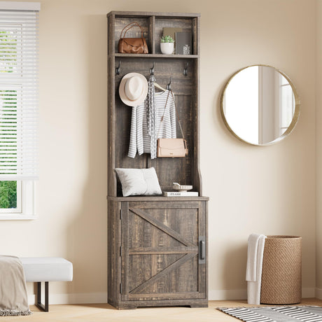 IDEALHOUSE Farmhouse Narrow Coat Rack with Shoe Storage, 23.6" Small Hall Tree with Bench, Entryway Coat Rack with 5 Hooks, 2 Cubbies & 1 Barn Door Cabinet for Entryway, Hallway, Mudroom, White/Brown IDEALHOUSE