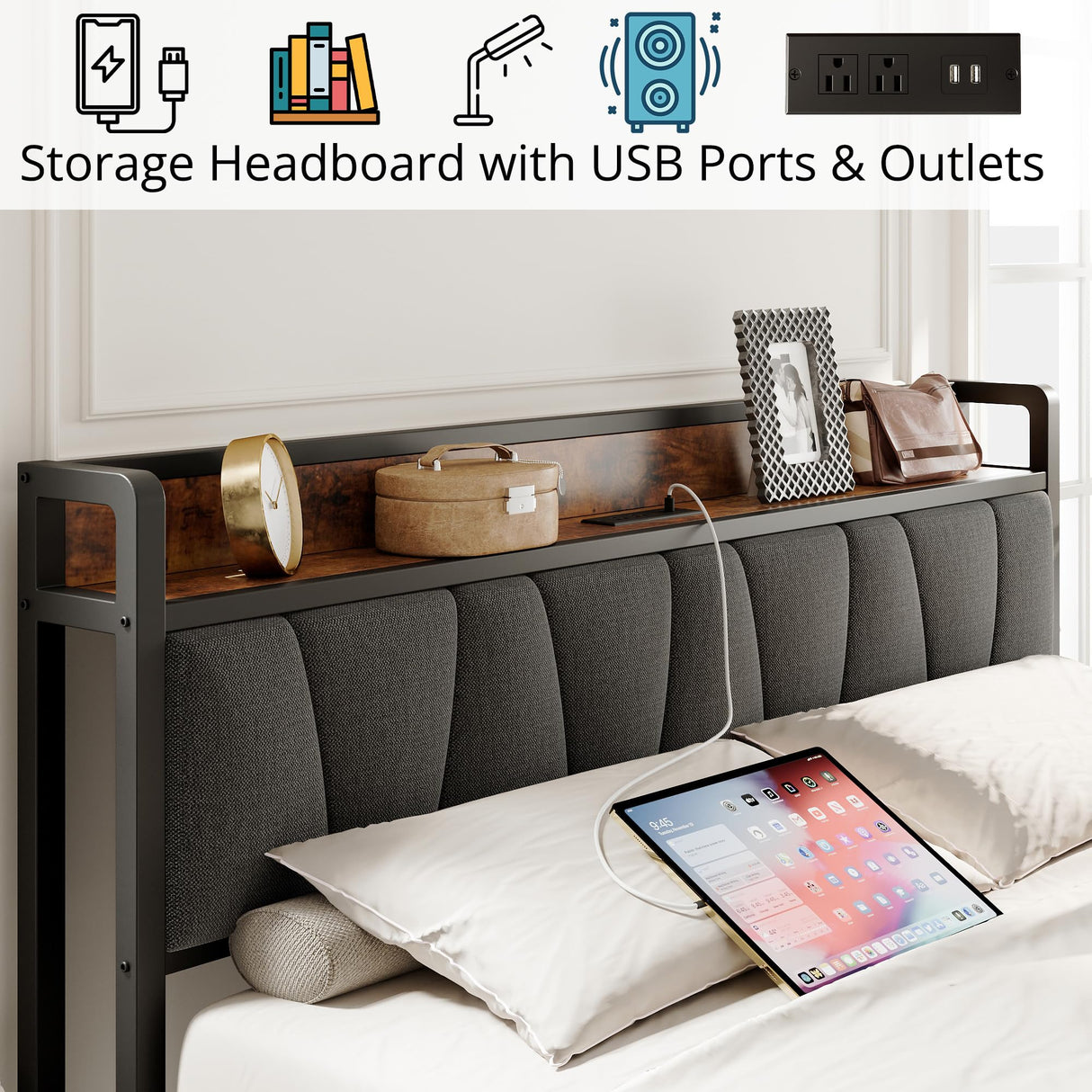 LIKIMIO Vintage Brown and Grey Full Bed Frame with Storage Headboard and Charging Station LIKIMIO