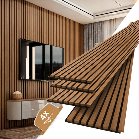 DEKKOR 4-Piece Wood Slat Acoustic Panels for Wall and Ceiling, 3D Fluted Sound Absorbing Panel, 94.5" x 7.9" (Walnut) DEKKOR