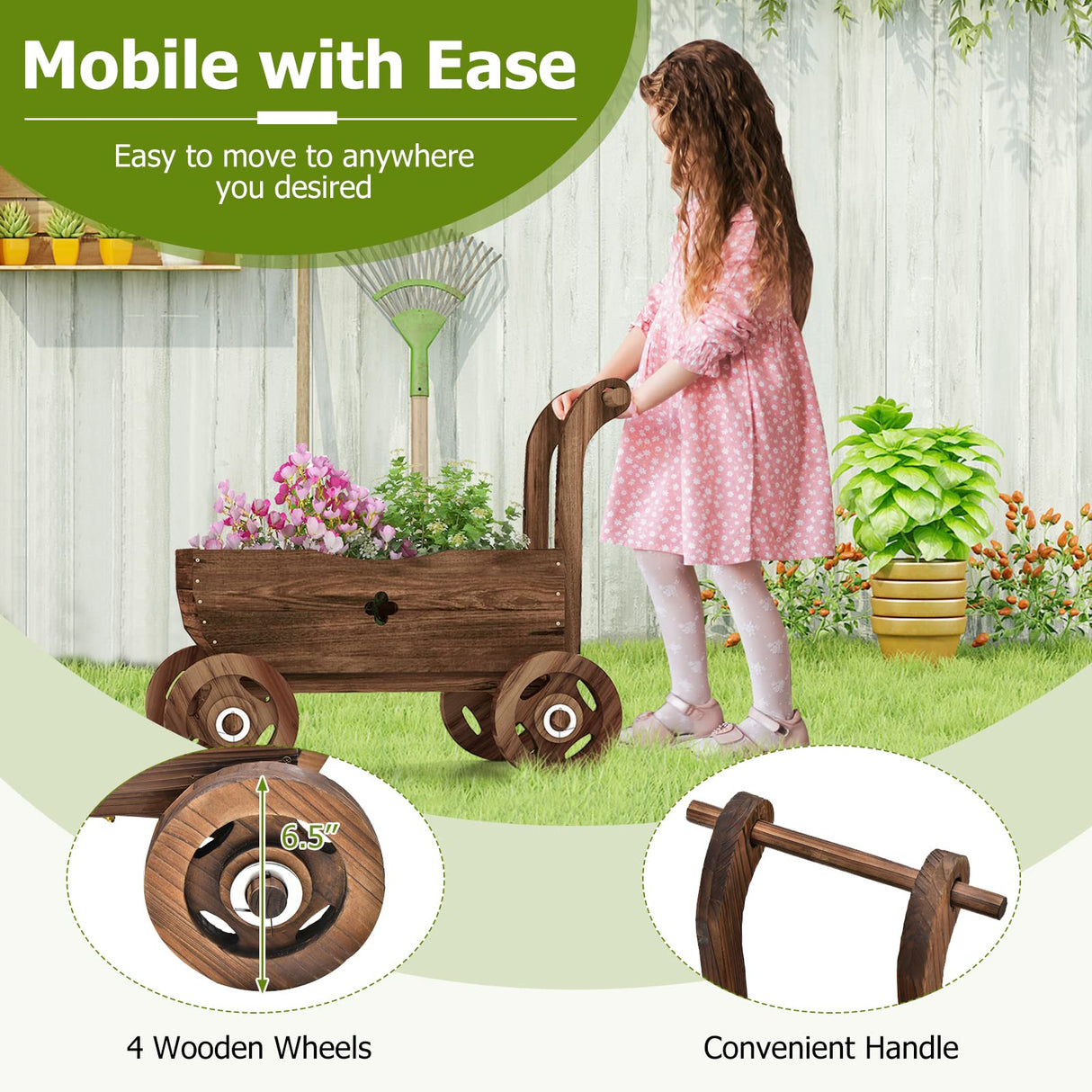 S AFSTAR Wooden Wagon Planter Box, Mobile Garden Planter with 4 Wheels, Handle, Drain Hole, Decorative Flower Planter for Indoor & Outdoor Decor, Wooden Flower Cart for Patio, Garden, Balcony, Brown S AFSTAR