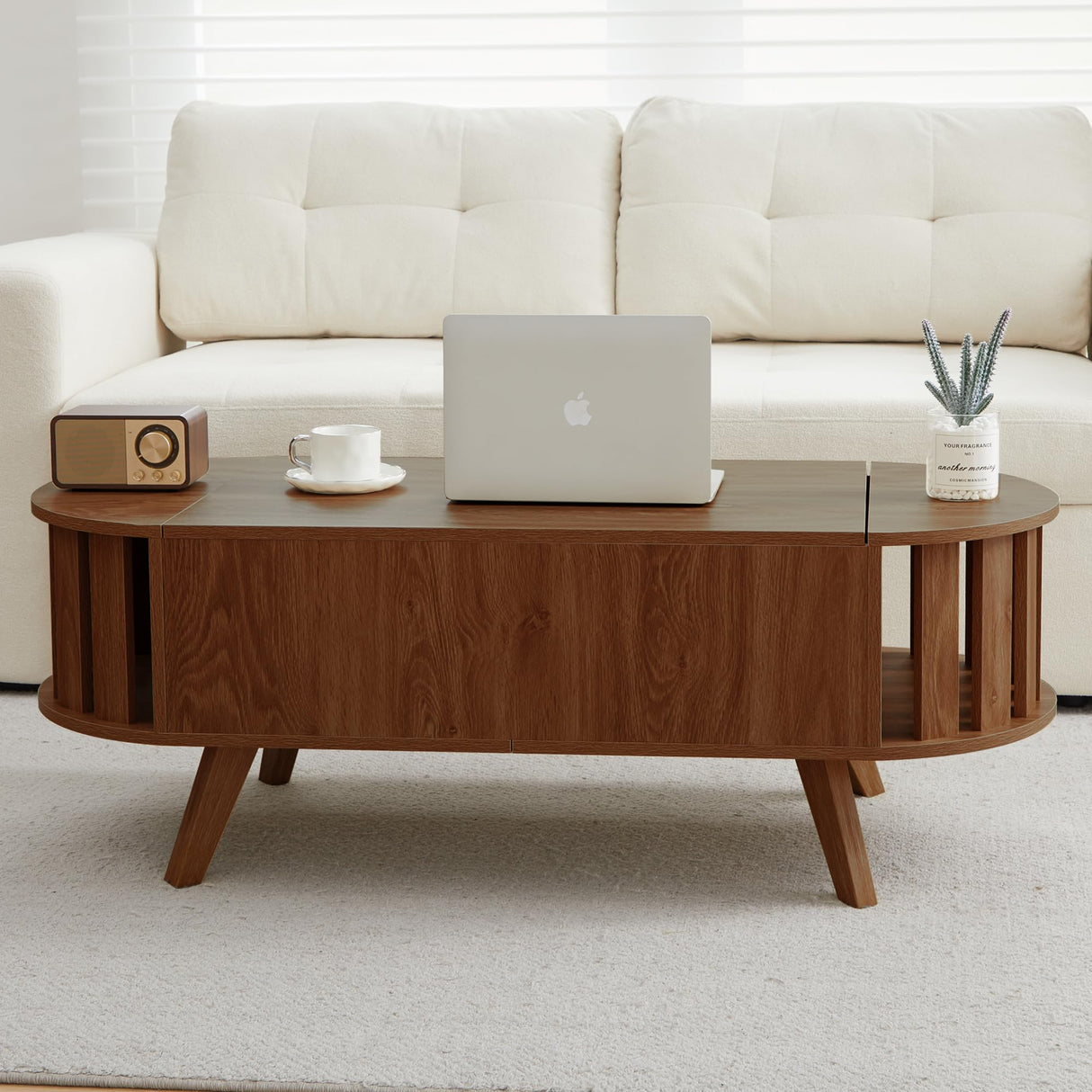 FurSch Wood Lift Top Coffee Table with Hidden Storage, 47.24" Oval Lift Table Top Curved Profile Design Conversation Table for Living Room, Office (Walnut) FurSch