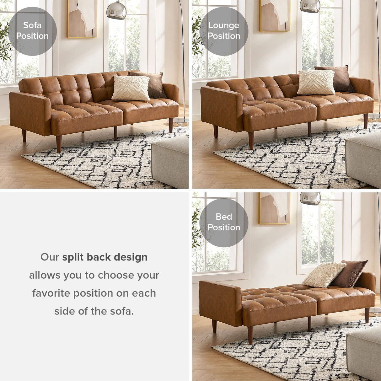 mopio Aaron Couch, Small Sofa, Futon, Sofa Bed, Sleeper Sofa, Loveseat, Mid Century Modern Futon Couch, Sofa Cama, Couches for Living Room, Bedroom (Pecan Brown, Faux Leather) mopio
