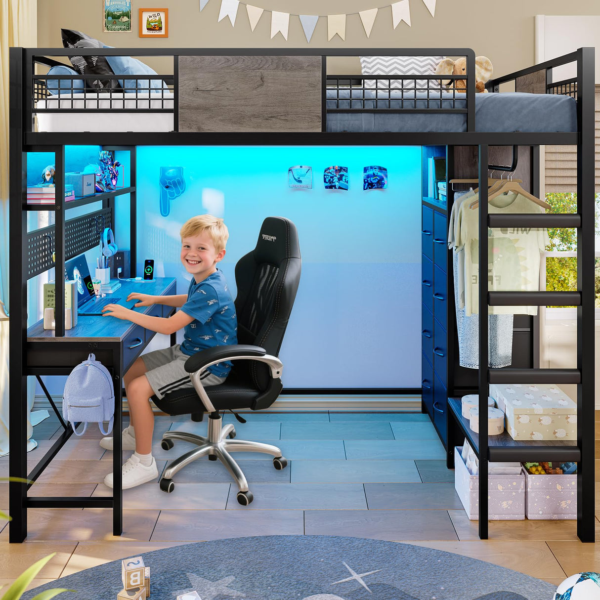 ADORNEVE Loft Bed Twin Size with Desk, 11 Storage Drawers, Metal Kids Loft with RGB Lights, Charging Station, Shelves & Clothing Rack, 13.4" H Safety Guard & Paded Ladder, Black & Grey ADORNEVE