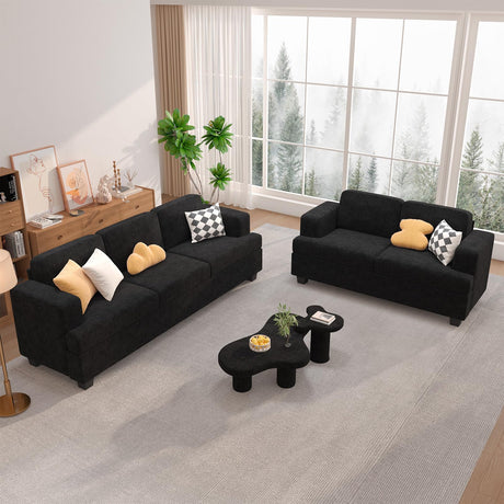Fiona's magic 5 Seats Sofa Couch Set, 2 Piece Set Comfy Sofa Couch, 3 Seater & Loveseat Sofa with Deep Seats, Couch for Living Room, Modern Sleeper Couch, Black Chenille Fiona's magic