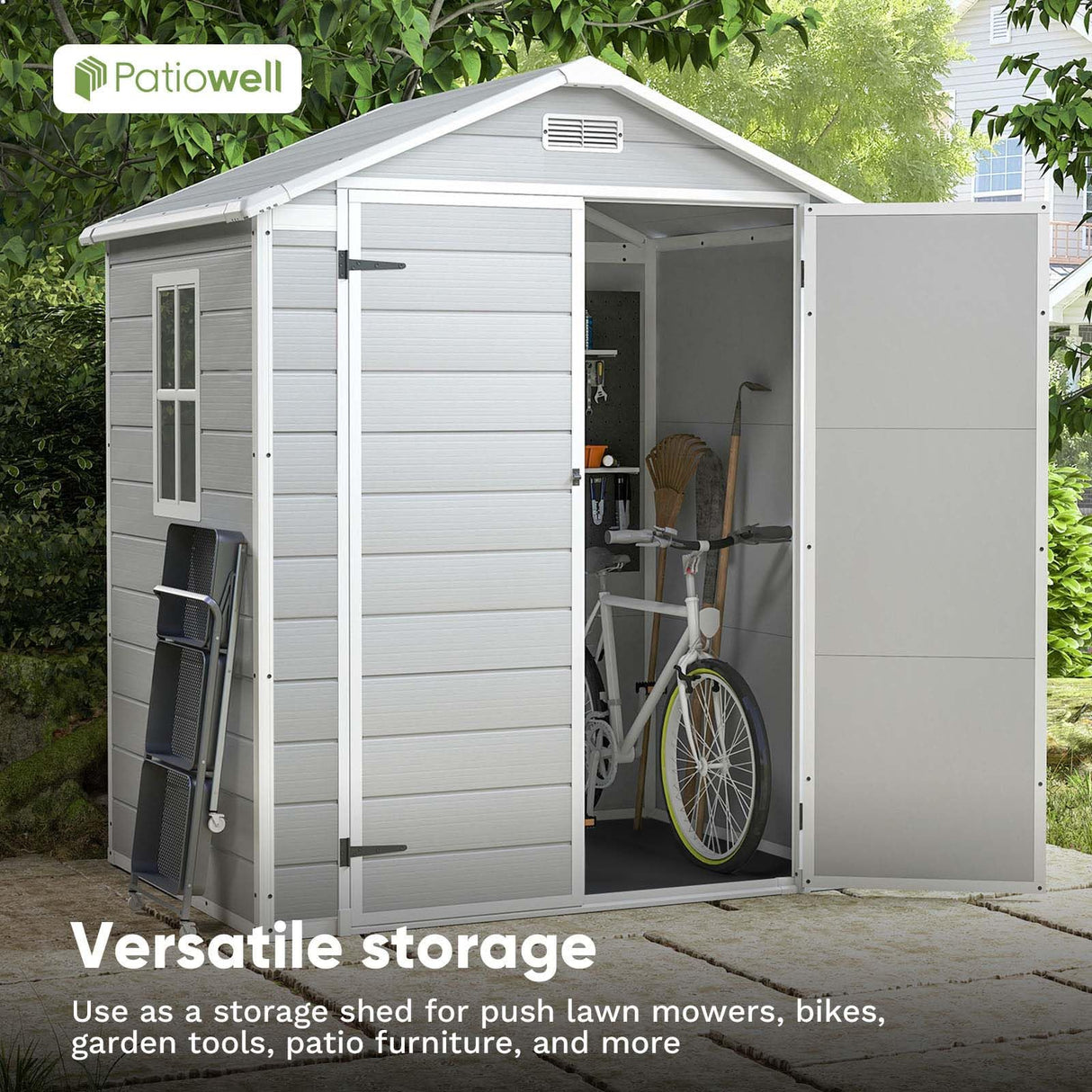 Patiowell 6x4 FT Plastic Outdoor Storage Shed, Resin Outside Shed Perfect to Store Patio Furniture, GardenTools Bike Accessories, Beach Chairs and Lawn Mower, Light Grey Patiowell