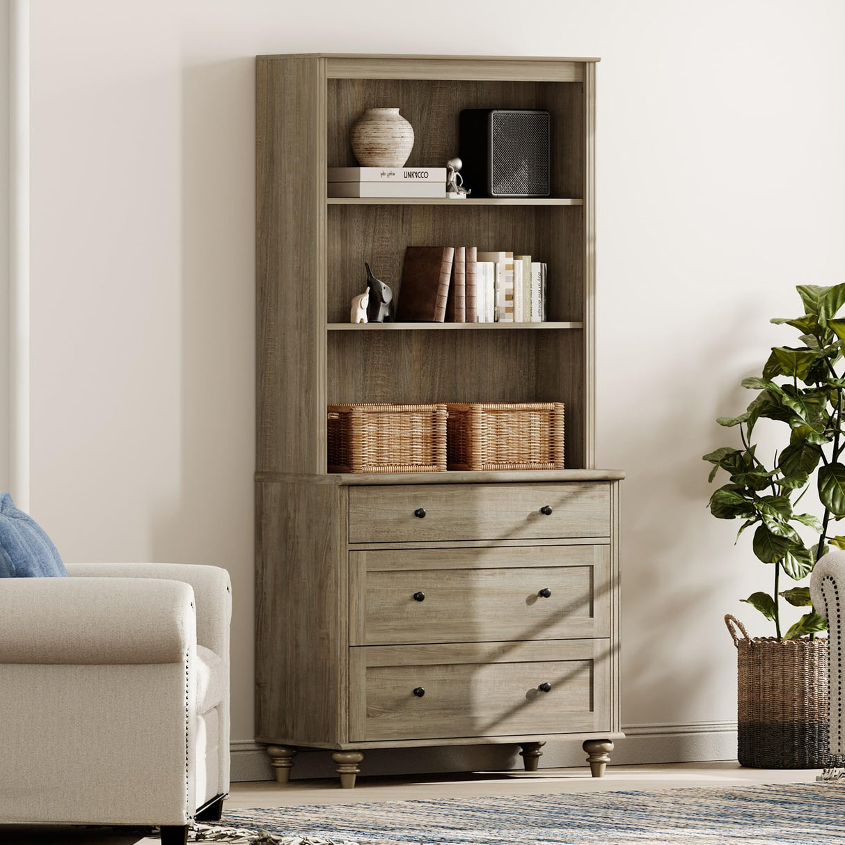 WAMPAT 72" Tall Bookcase Large Display Book Case Shelf with 3-Tier Open Book Shelfs, 3 Tier Farmhouse Style Bookshelf with 3 Drawers, Wood Bookshelves for Living Room or Study Room, Wash Grey WAMPAT