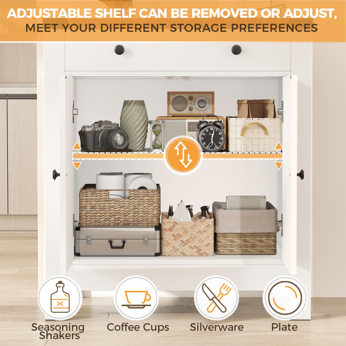 SPERTIKC Coffee Bar Cabinet, Farmhouse Sideboard Buffet Cabinet with Storage, White Kitchen Storage Cabinets with Large Drawer,2 Doors, Adjustable Shelves for Dining Room,Living Room SPERTIKC