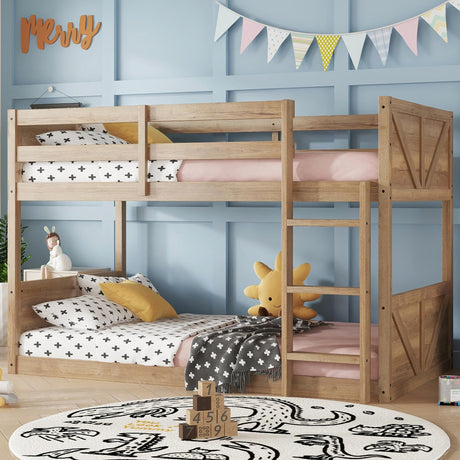 Twin Over Twin Low Bunk Beds with Rustic Headboard & Footboard – Solid Rubber Wood Floor Bunk Bed Frame, No Box Spring Needed, Perfect Small Bunked Frames for Kids, Teens, Boys Girls, Antique Oak Mirightone