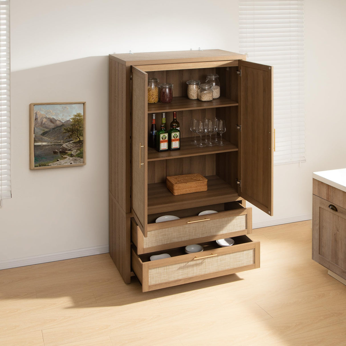 SICOTAS Rattan Armoire Wardrobe Closet Cabinet, 71" Tall Wardrobe Storage Cabinet with Doors, Larger Drawers and Hanging Rod, Boho Armoire Clothes Organizer for Bedroom, Laundry Room, Cloak Room, Oak SICOTAS