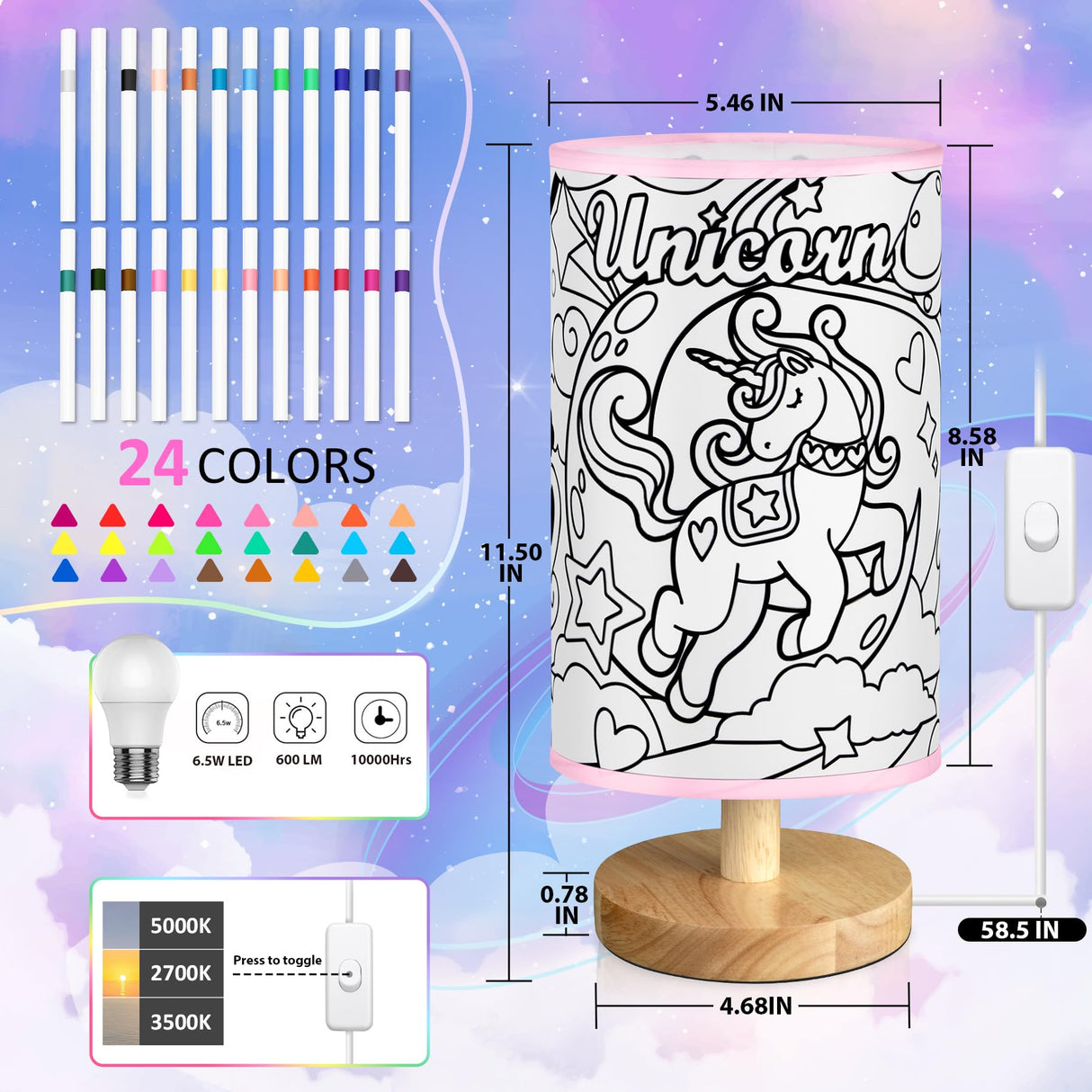 Unicorn Lamp for Kids, Birthday Gifts for Girls Ages 6 7 8 9 10 11 12 Year Old, Bedside Table Lamp for Bedroom, 3 Way Small Lamps for Nightstand, Paint You Own Unicorn Lamp Kit Toys, Art Supplies Toy JIGQGY