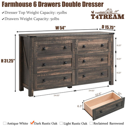 T4TREAM Farmhouse 6 Drawers Dresser Chests for Bedroom, Wood Rustic Wide Chset of Drawers,Storage Dressers Organizer for Bedroom, Living Room,Hallway, Dark Rustic Oak - WoodArtSupply