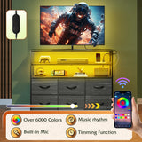 WLIVE Black TV Stand for 40, 45 inch TV, Entertainment Center with LED Lights & Charging Station, TV Media Console Table with 6 Fabric Drawers and Open Shelves for Living Room, Hallway, Wood Top WLIVE