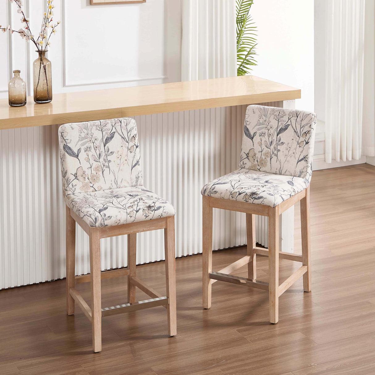 Kmax 26 Inch Bar Stools Set of 2, Farmhouse Upholstered Bar Stools with Back Support Rustic Wooden White Armless Barstools for Bar Club Pub - Linen, Floral Pattern Kmax
