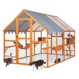 Extra Large Catio Outdoor Cat Enclosure, 53.5ft² Large Cat Run Wooden Cat House with Weatherproof Roof, Walk-in Doors with Lock, Window Access, 110" L x 71" W x 74" H, Orange Nyeekoy