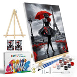 JOOZ Paint by Numbers Kit for Adults with Frame, Eiffel Tower Paint by Number with Easel, DIY Rose Woman Oil Painting by Numbers with Red Umbrella, Adult Paint by Number Kits for Wall Decor 8x12 Inch JOOZ