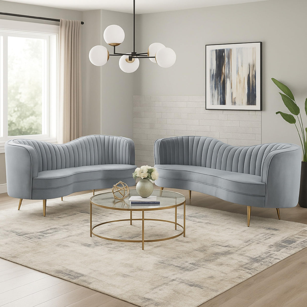 Enzo 2pc Living Room Sofa Set, Modern Curved, Gray Channel Tufted Velvet Benzara