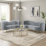 Enzo 2pc Living Room Sofa Set, Modern Curved, Gray Channel Tufted Velvet Benzara