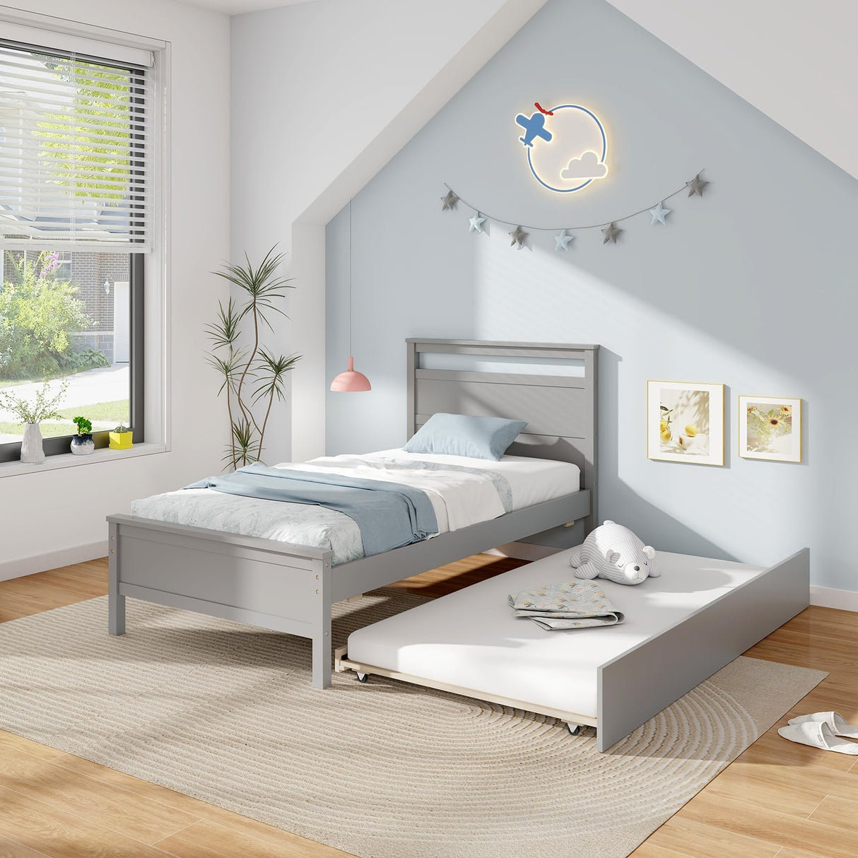 Giantex Trundle Bed Twin, Wood Day Bed Frame with Headboard & Footboard, Wooden Slats Support, Pull Out Bed, Twin Bed with Trundle for Kids Teens Adults, Grey Giantex