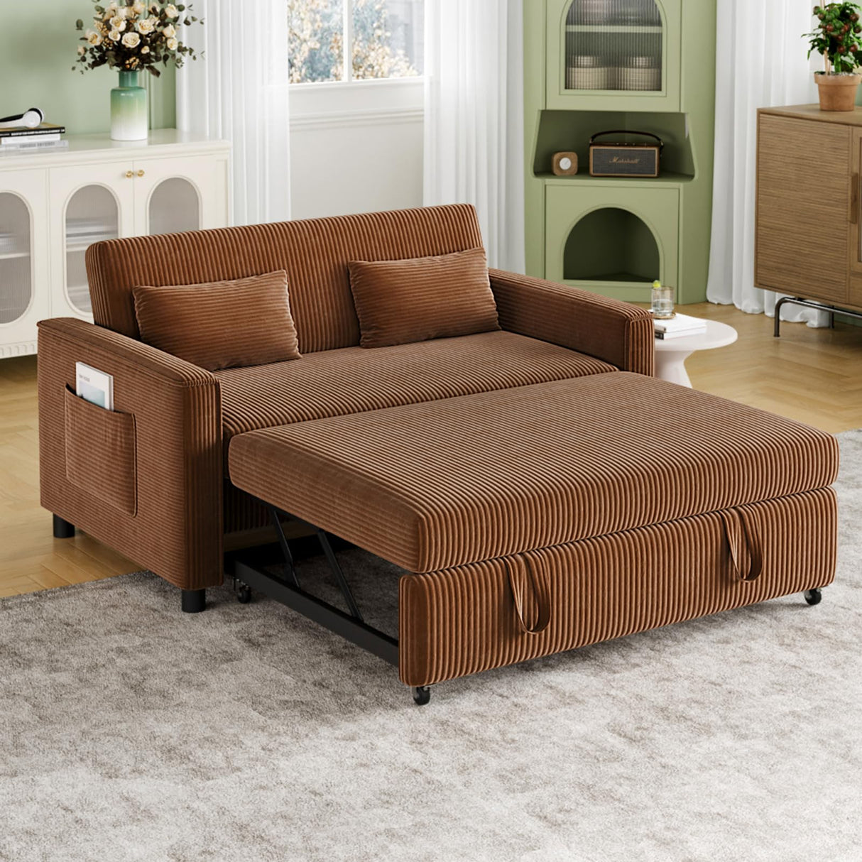 ECHINGLE Sleeper Sofa with Pull Out Sofa Bed,Corduroy Futon Sofa Bed with 3 Level Adjustable Backrest & Storage Pockets and 2 Toss Pillows,Modern Couch Bed for Living Room,Bedroom（Brown） ECHINGLE