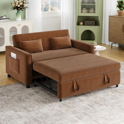 ECHINGLE Sleeper Sofa with Pull Out Sofa Bed,Corduroy Futon Sofa Bed with 3 Level Adjustable Backrest & Storage Pockets and 2 Toss Pillows,Modern Couch Bed for Living Room,Bedroom（Brown）