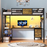 BTHFST Full Size Loft Bed with L-Shaped Desk and 3 Storage Drawers, LED Lights & Charging Station, Open Storage Shlef, Metal Loft Bed Frame with Solid Slats and Guardrail, Space Saving, Black BTHFST