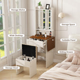 Small Vanity Desk with Mirror and Lights,Farmhouse Makeup Vanity Table with Charging Station,Compact Vanity with Storage Chair& Drawer,White Dressing Table with Fold-up Panel for Small Space,Bedroom LTMEUTY