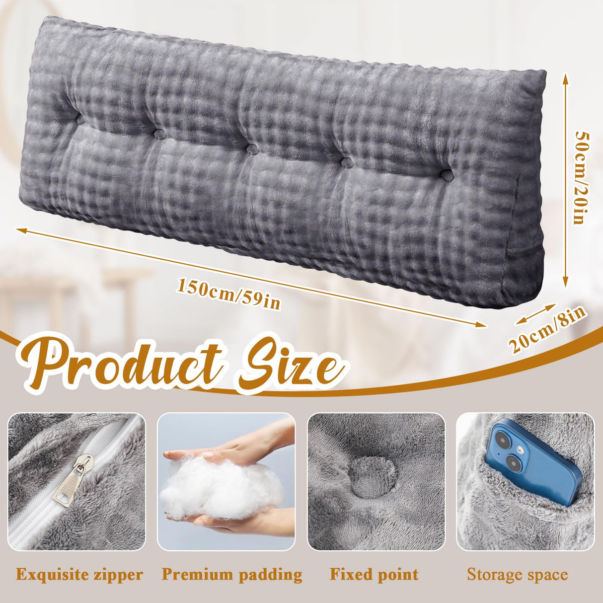 Wenqik Wedge Pillow Triangular Headboard Bed Reading Backrest Wedge Bolster Pillow with Removable Cover Back Support for Daybed Bunk Bed(Gray,Queen) Wenqik