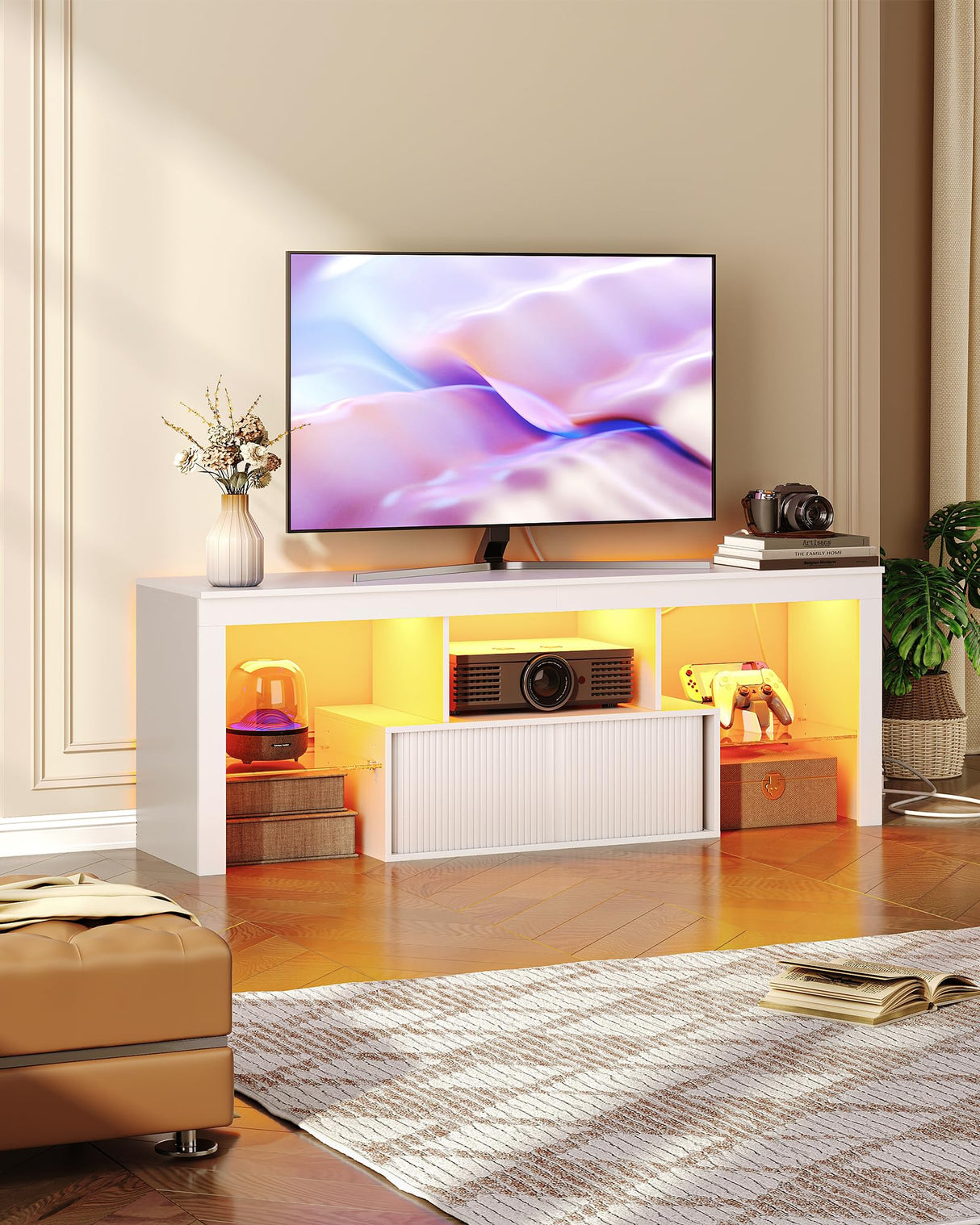 CHOEZON TV Stand with Power Outlet, Modern TV Cabinet for 55 60 inch TVs, Media TV Console with LED Light Strip, Media Entertainment Center with Storage, for Living Room, Bedroom, White MDS02UDWB CHOEZON