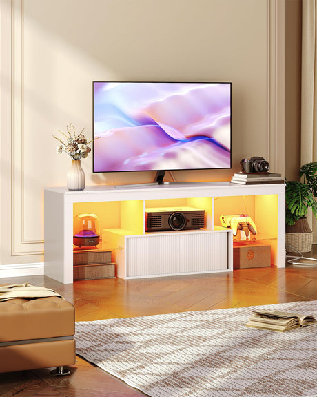 CHOEZON TV Stand with Power Outlet, Modern TV Cabinet for 55 60 inch TVs, Media TV Console with LED Light Strip, Media Entertainment Center with Storage, for Living Room, Bedroom, White MDS02UDWB CHOEZON