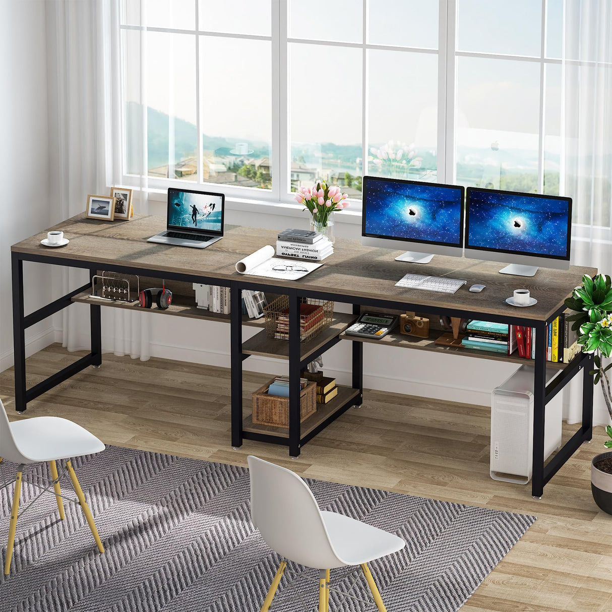 Tribesigns Two Person Desk with Bookshelf, 78.7 Computer Office Double Desk for Two Person, Rustic Writing Desk Workstation with Shelf for Home Office (Grey) Tribesigns