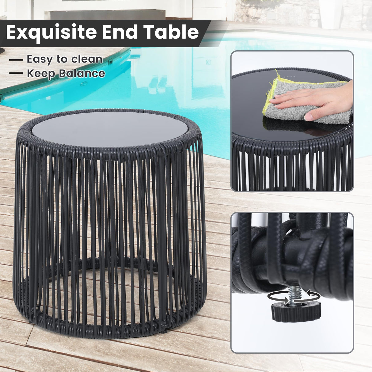 Kromax 3 Pieces Patio Rattan Bistro Conversation Set, Outdoor All-Weather Wicker Furniture Chairs and Side Table Set Ideal for Balcony, Porch and Backyard, Black Kromax