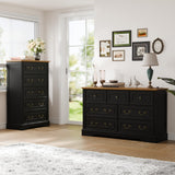 Cozy Castle 7 Drawer Dresser, Farmhouse Chest of Drawers for Bedroom, 54" Wide Dresser with Retro Metal Handles, Wood Drawer Organizer TV Stand for Living Room, Hallway (Black) Cozy Castle