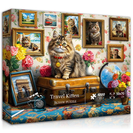 PICKFORU Cat Puzzles for Adults 1000 Pieces, Kitten Travel Puzzles for Adults, Vintage Animal Flower Puzzles for Adults, Kitty Floral Jigsaw Puzzles for Adults Scenic PICKFORU