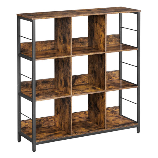 VASAGLE Bookshelf, Bookcase, 9 Cubes Storage Organizer, Industrial Open Display Shelf, for Bedroom, Office, Living Room, Metal Frame, Rustic Brown and Black ULLS112B01