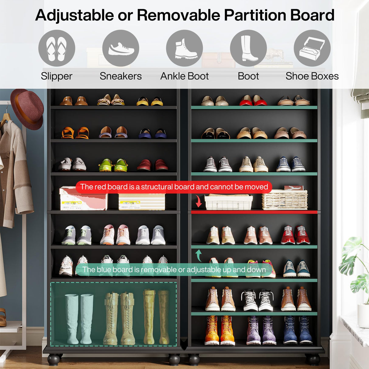 Tribesigns Narrow Tall Shoe Cabinet with LED Lighting, 9-Tier 30 Pairs Freestanding Shoes Storage Cabinet, Wood Shoe Organizer Cabinet with Solid Wooden Legs for Entryway (1, Black) Tribesigns