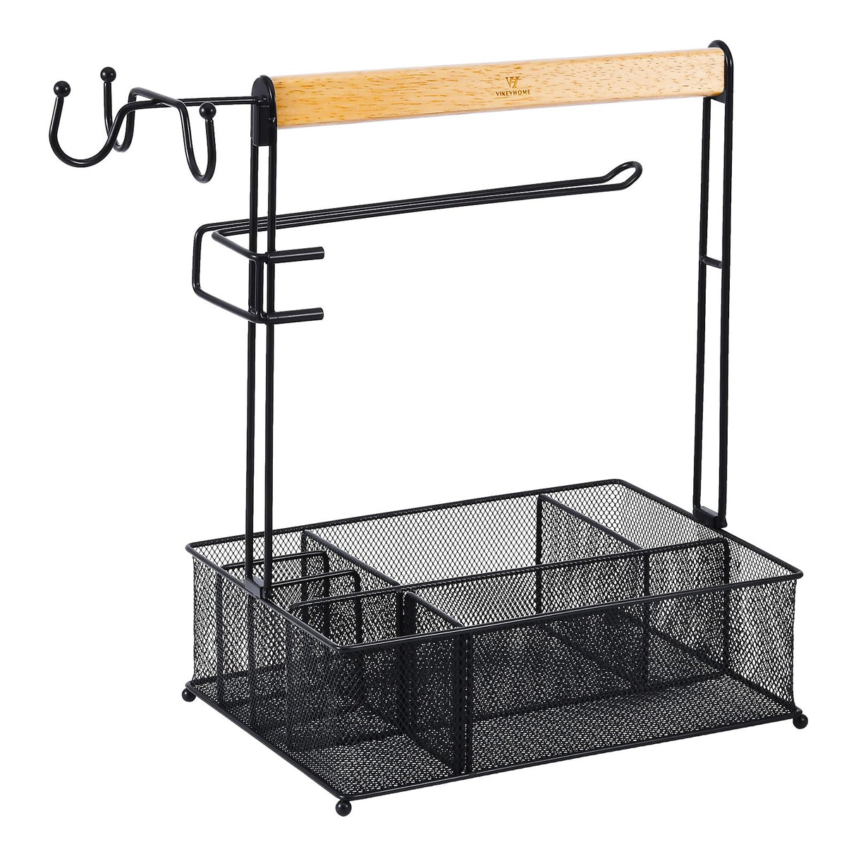 VIKEYHOME Grill Caddy, Picnic BBQ Organizer for Camping Outdoor Mesh Basket with 3 Hanging Hooks and Paper Towel Holder, Ideal Table Storage Tools for RV Camper/Tailgating/Flatware VIKEYHOME