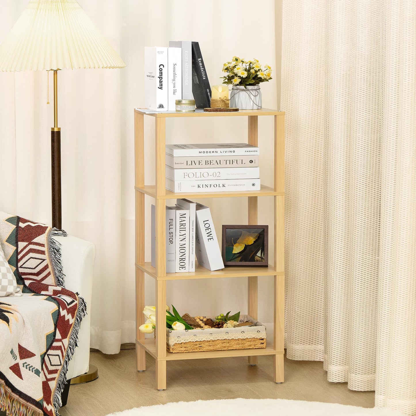 YUFAM 4-Tier Tall Natural Bamboo Bookshelf - Space-Saving Storage for Home and Office - WoodArtSupply