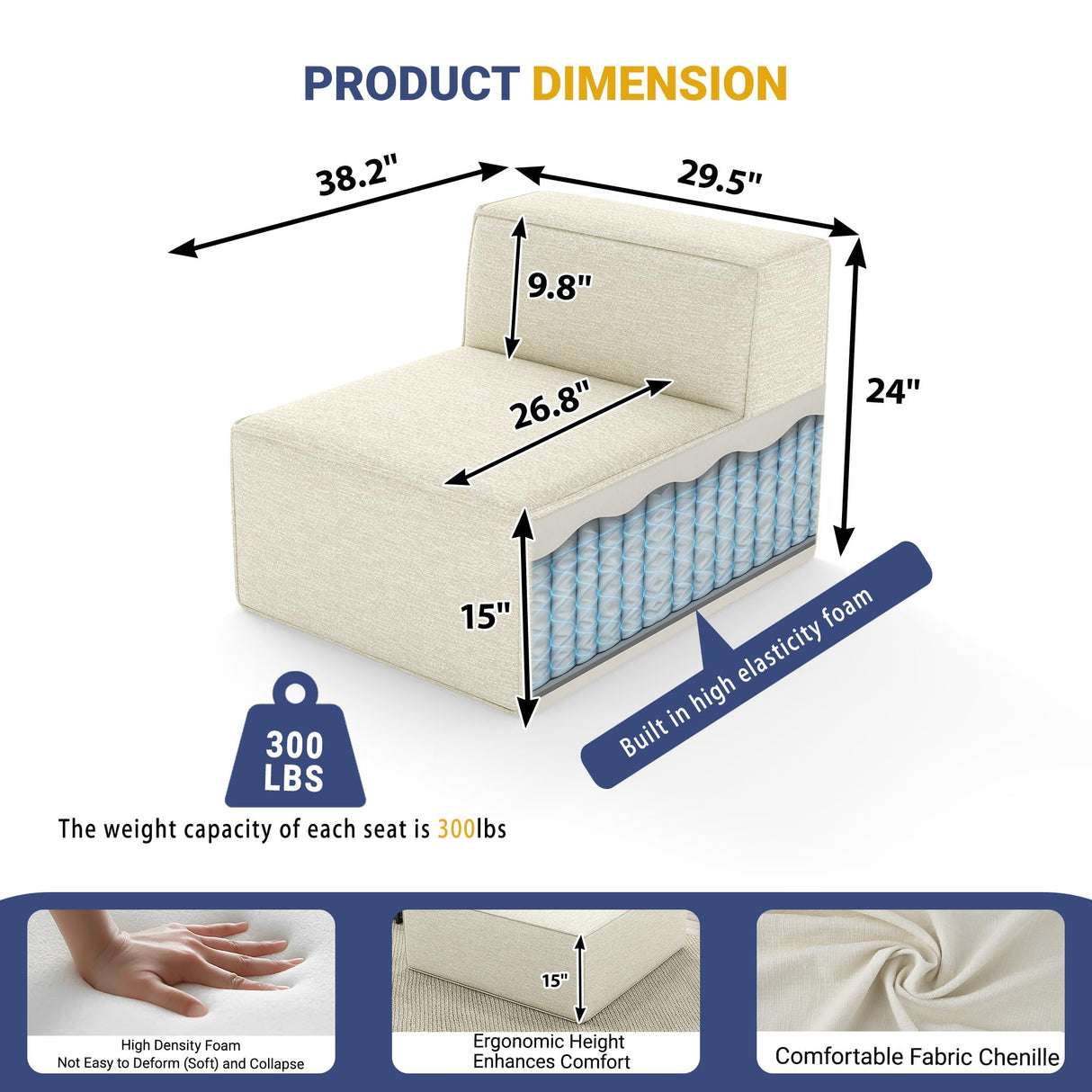 KOBY HOME 38“ Modular Sectional Sofa Convertible Cube Thick Couch Seat Set, Combine L-Shaped U-Shaped, Free Assembly, Space-Saving for Living Room, Fabric Chenille Beige White (Only Armless) KOBY HOME